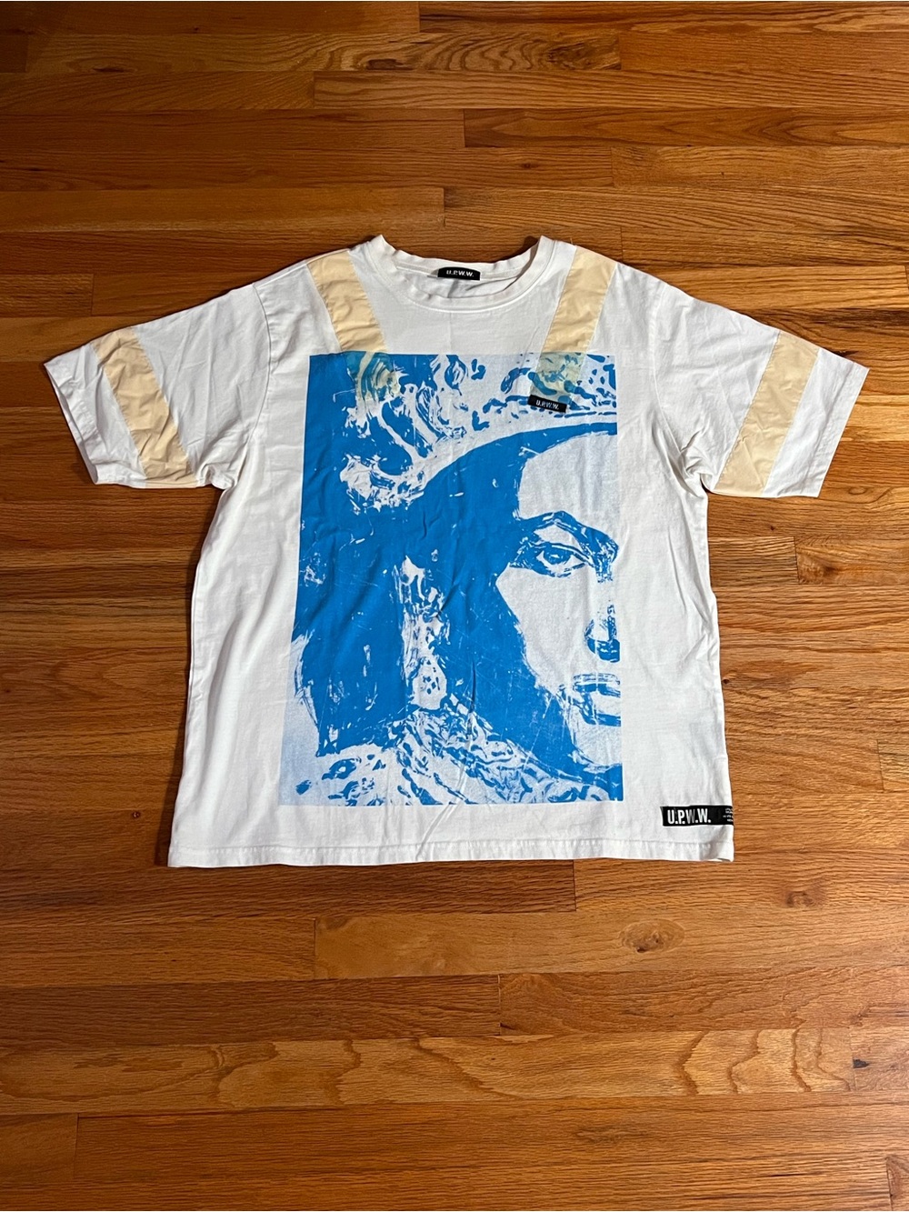 Rare U.P.W.W. White Graphic Crewneck T-Shirt with Blue Print